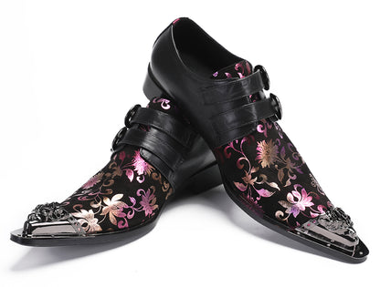 Mens Party Casual Double Buckle Floral Western Loafers