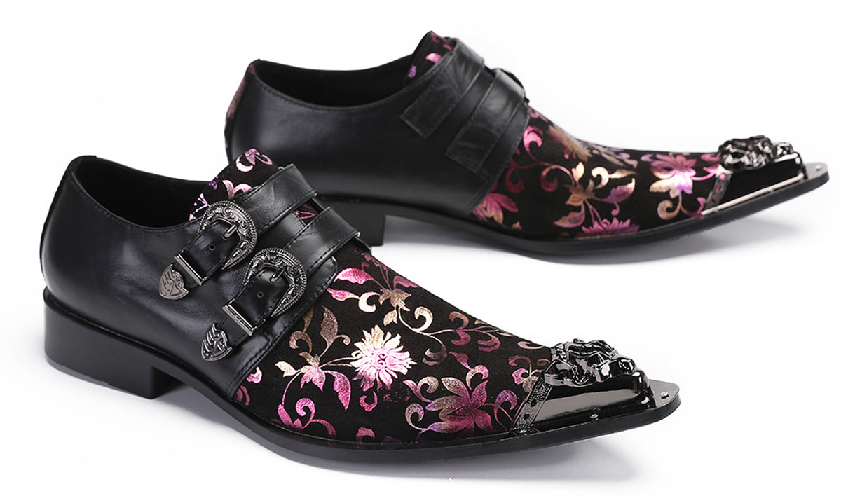 Mens Party Casual Double Buckle Floral Western Loafers