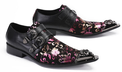 Mens Party Casual Double Buckle Floral Western Loafers