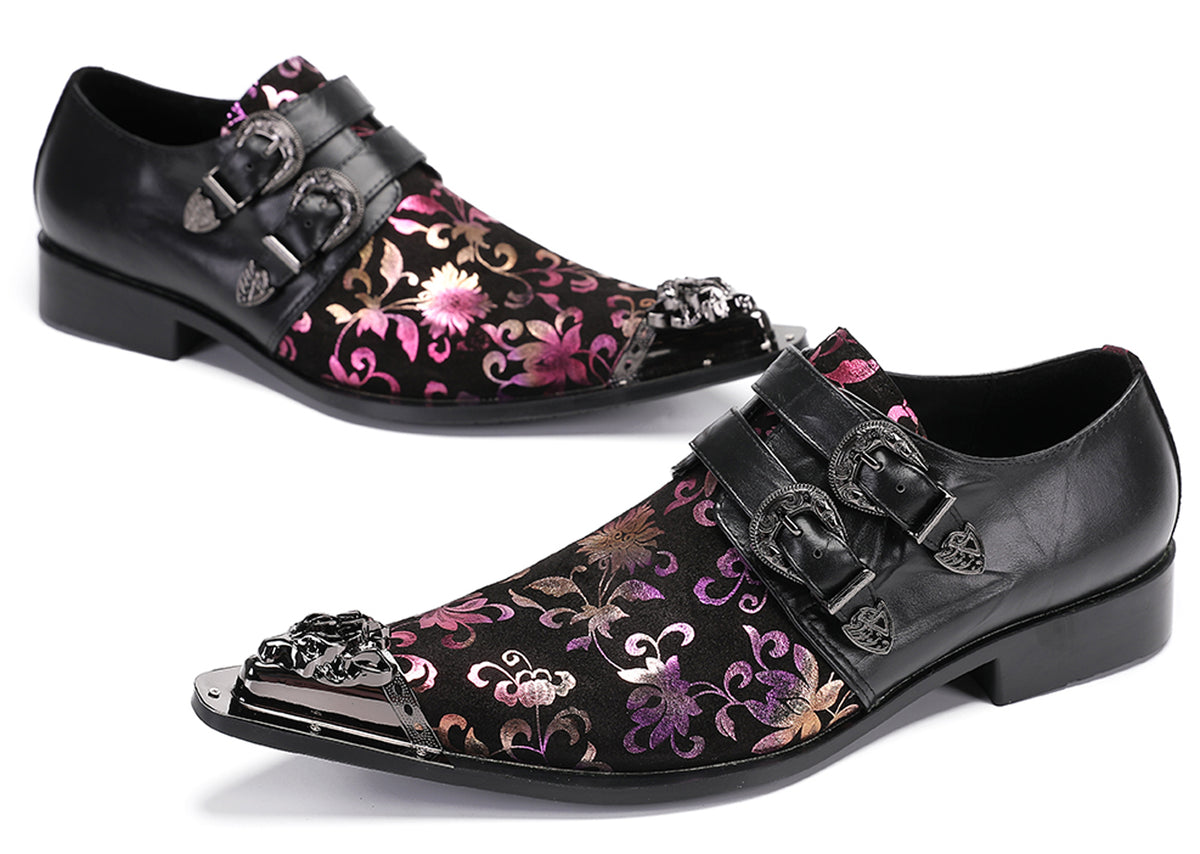 Mens Party Casual Double Buckle Floral Western Loafers