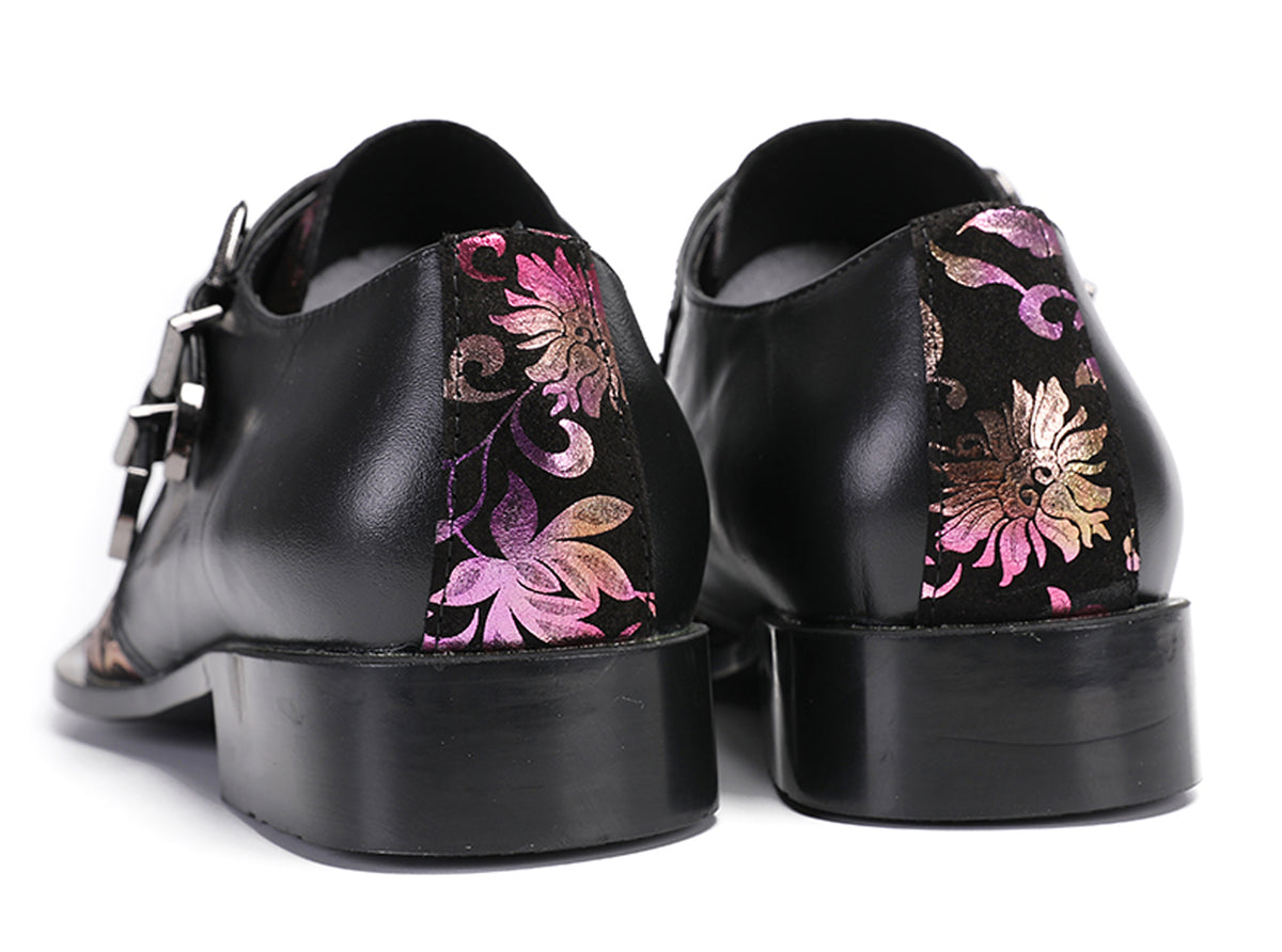 Mens Party Casual Double Buckle Floral Western Loafers