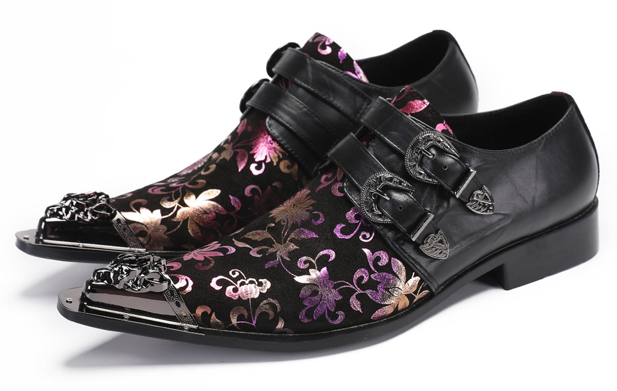 Mens Party Casual Double Buckle Floral Western Loafers