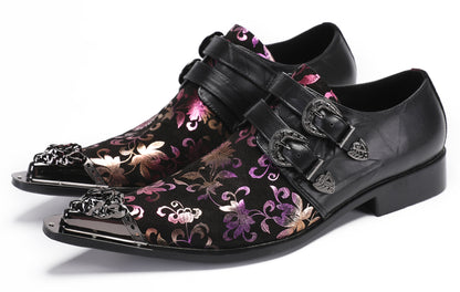 Mens Party Casual Double Buckle Floral Western Loafers