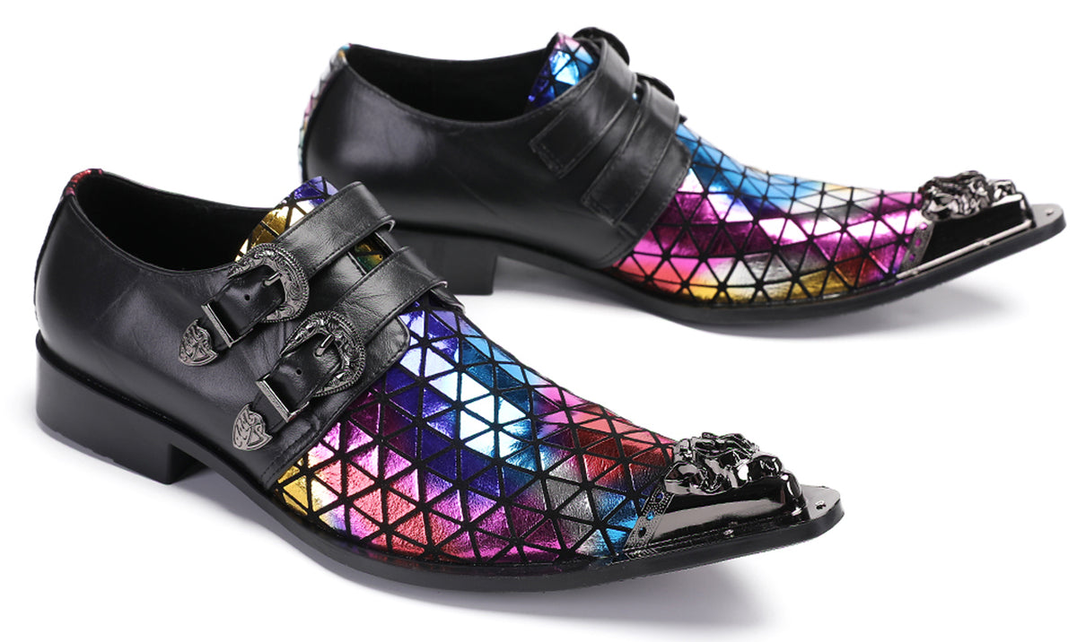 Mens Party Casual Double Buckle Floral Western Loafers
