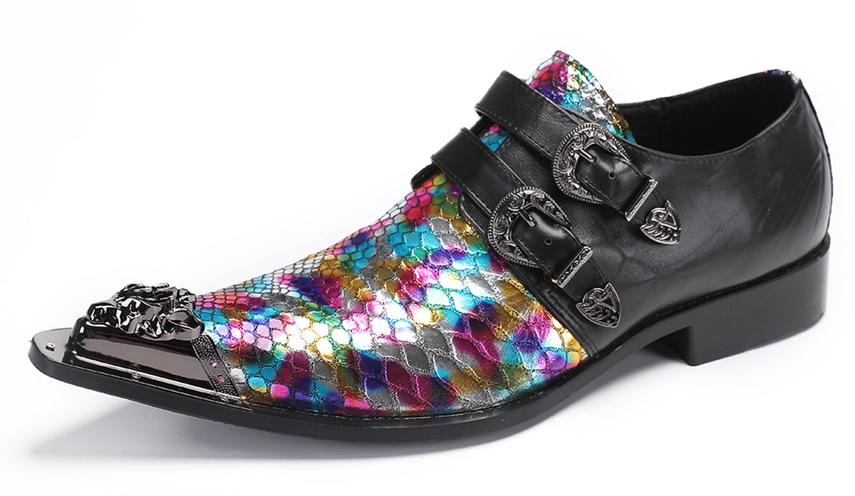 Mens Party Casual Double Buckle Floral Western Loafers