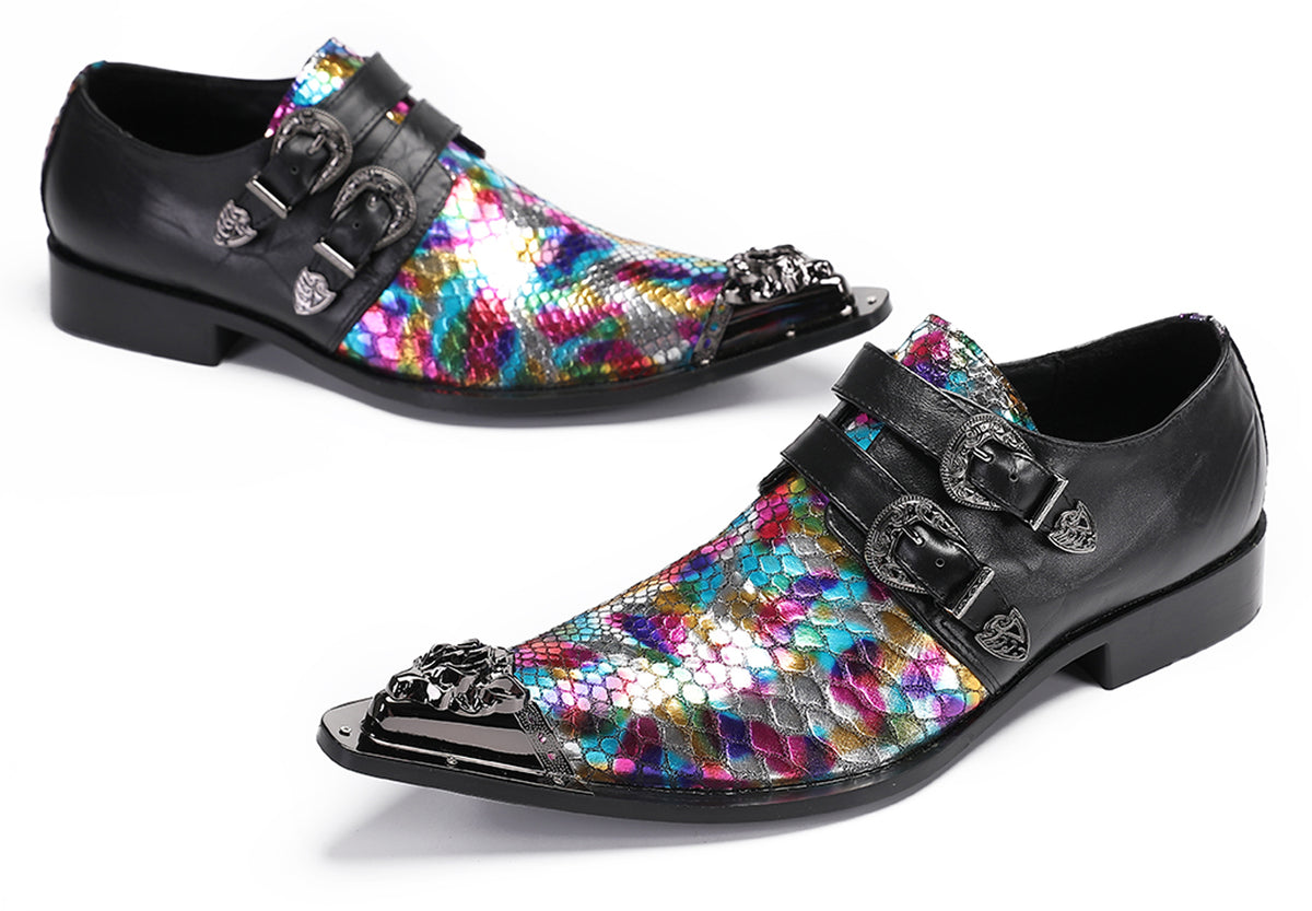 Mens Party Casual Double Buckle Floral Western Loafers