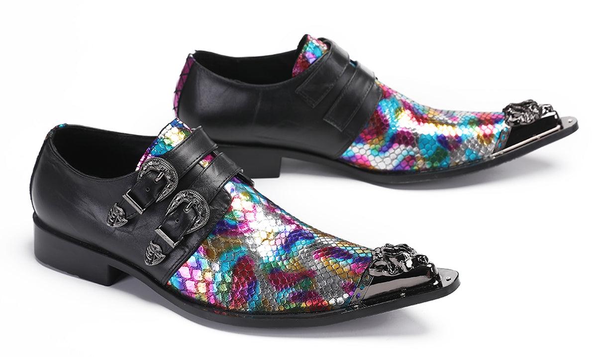 Mens Party Casual Double Buckle Floral Western Loafers