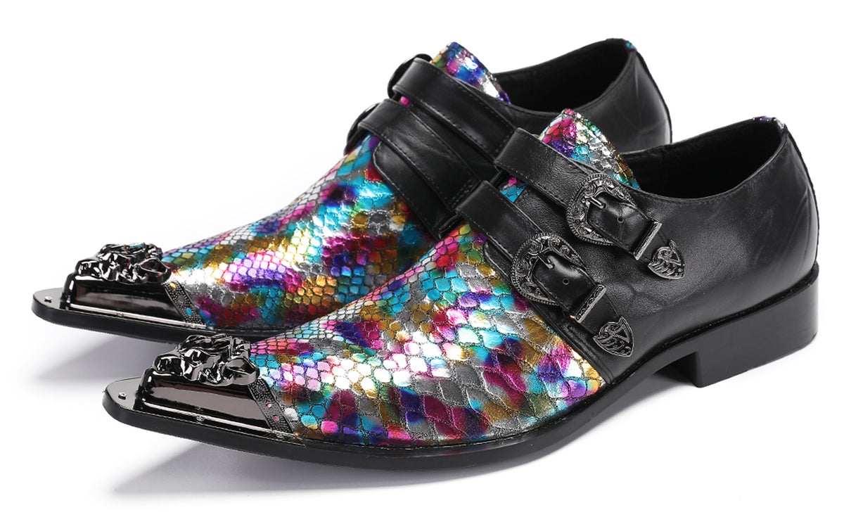 Mens Party Casual Double Buckle Floral Western Loafers