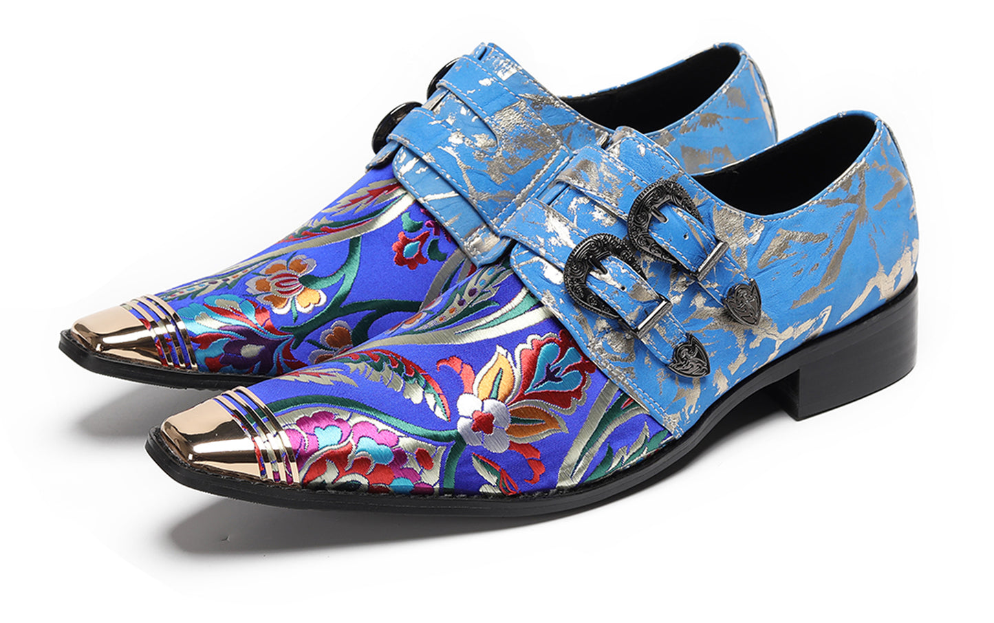 Mens Metal Toe Cap Floral Embroidered Monk Strap Buckle Western Loafers