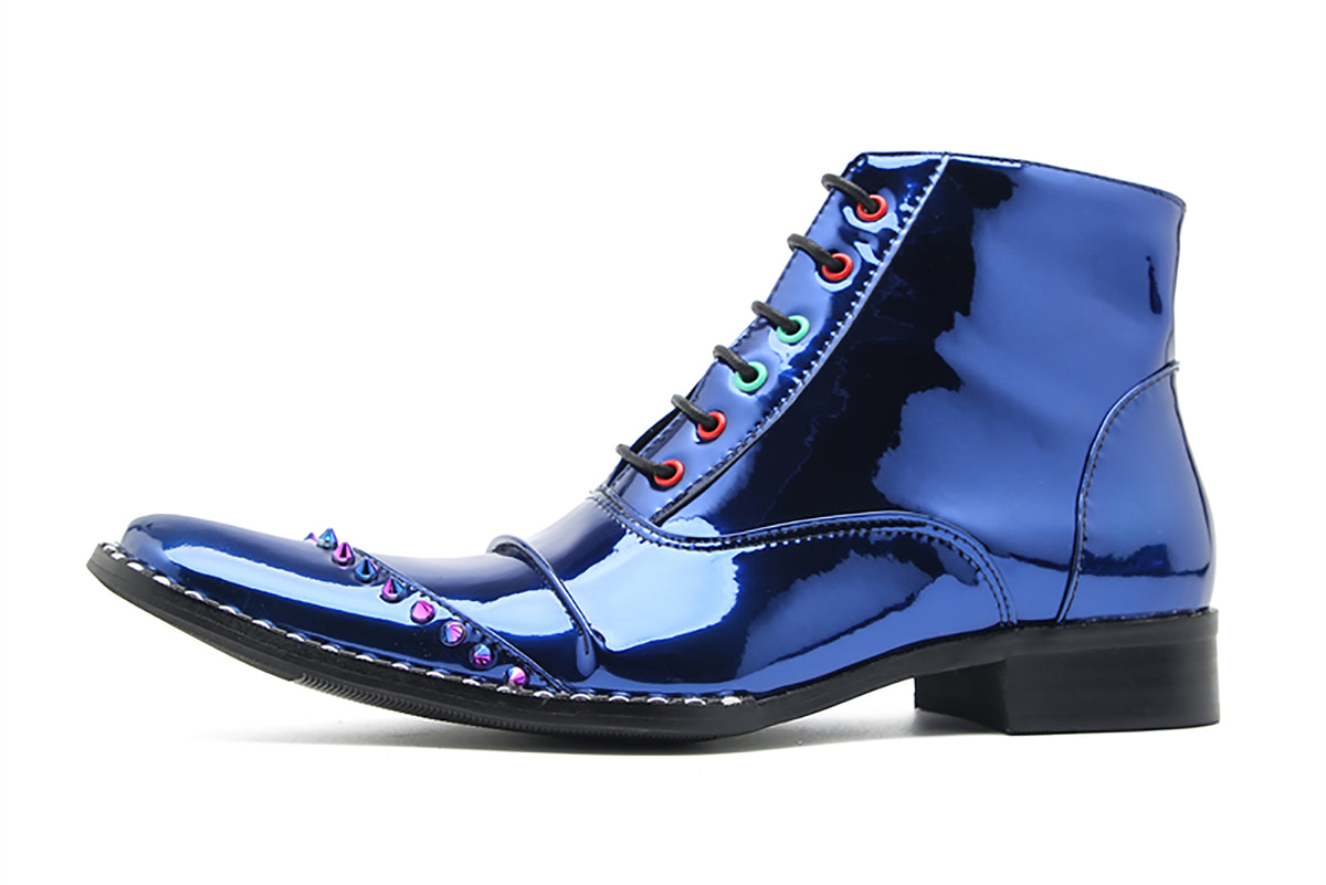 Mens Glossy Patent Leather Studded Zipper Ankle Western Oxfords Boots