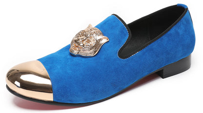 Mens Slip On Suede Metal Cap Toe Tiger Head Party Western Loafers