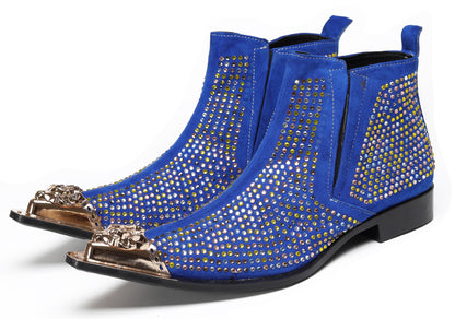 Mens Rhinestone Sparkling Suede Crystal Studded Western Chelsea Boots