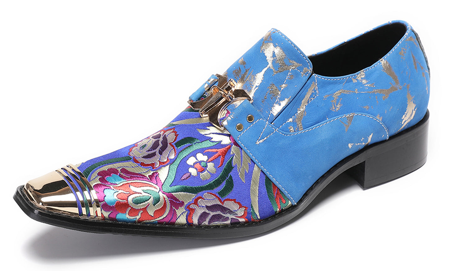 Mens Genuine Leather Slip On Buckle Floral Embroidery Western Loafers