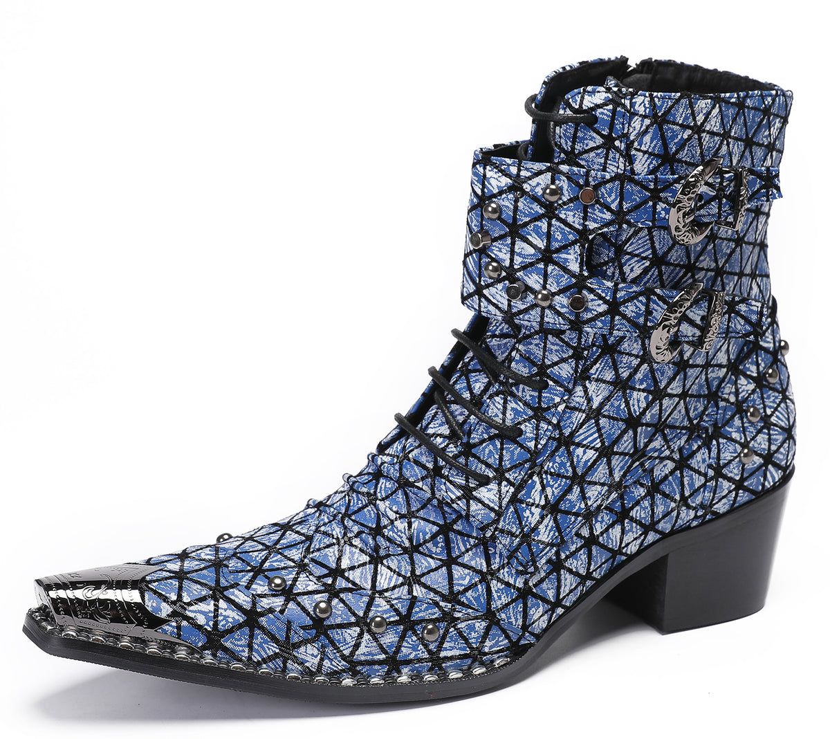 Mens Genuine Leather Blue Plaid Design Party Cowboy Western Boots