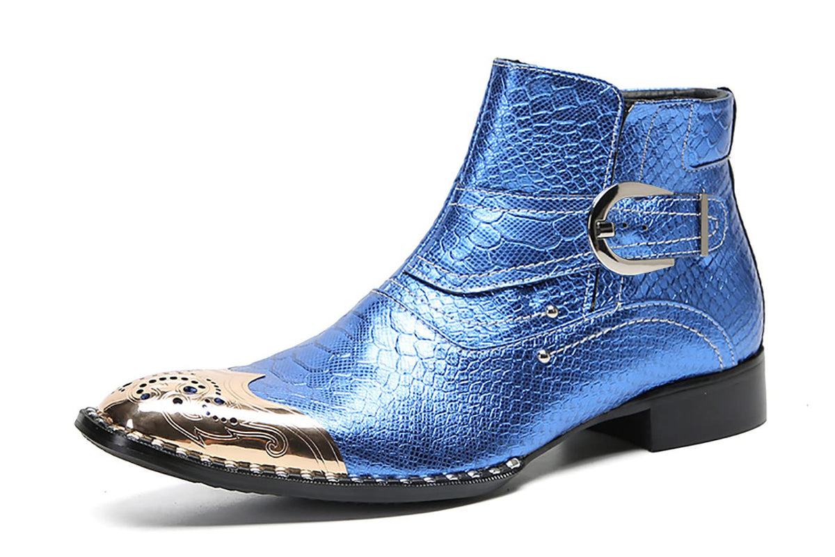 Mens Genuine Leather Metal-Square Toe Snakeskin Texture Ankle Western Boots