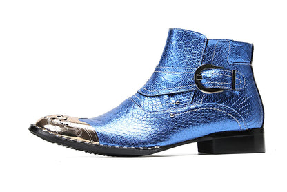 Mens Genuine Leather Metal-Square Toe Snakeskin Texture Ankle Western Boots