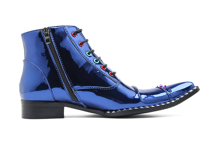 Mens Glossy Patent Leather Studded Zipper Ankle Western Oxfords Boots