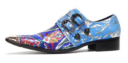 Mens Metal Toe Cap Floral Embroidered Monk Strap Buckle Western Loafers