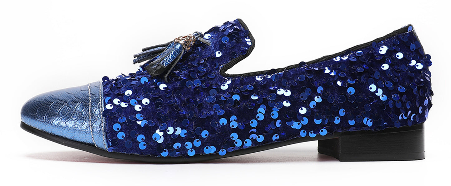 Mens Glitter Sequins Tassels Prom Party Western Loafers