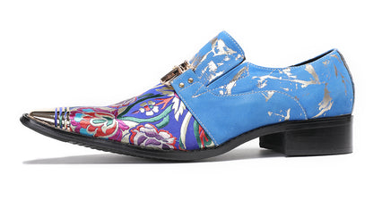 Mens Genuine Leather Slip On Buckle Floral Embroidery Western Loafers