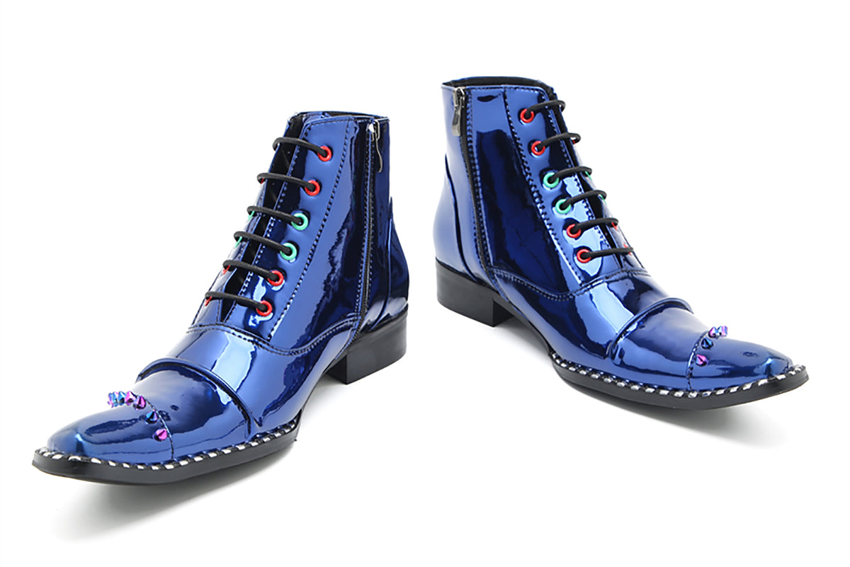 Mens Glossy Patent Leather Studded Zipper Ankle Western Oxfords Boots