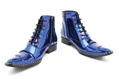 Mens Glossy Patent Leather Studded Zipper Ankle Western Oxfords Boots