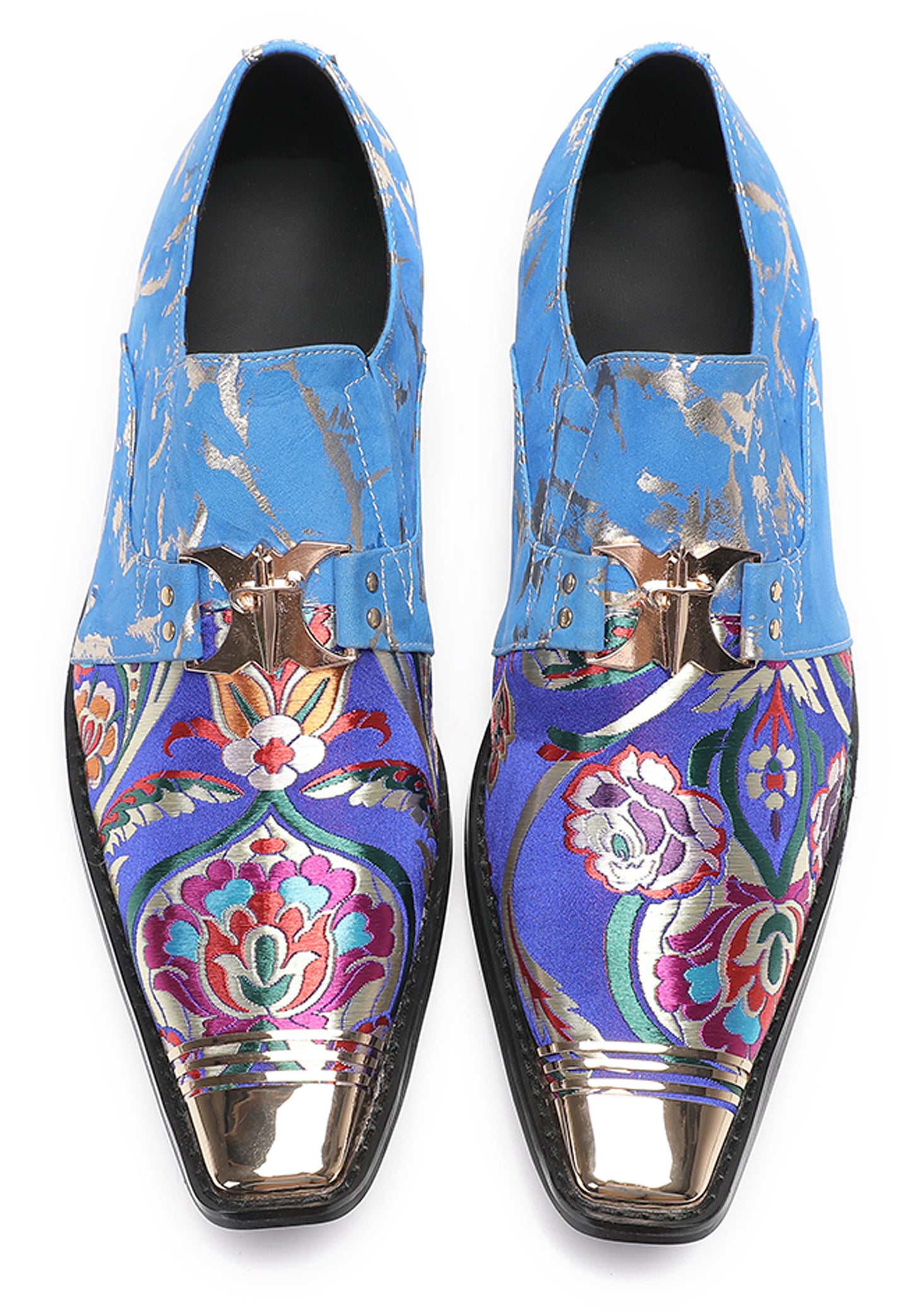 Mens Genuine Leather Slip On Buckle Floral Embroidery Western Loafers