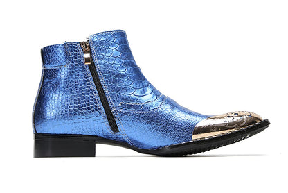 Mens Genuine Leather Metal-Square Toe Snakeskin Texture Ankle Western Boots