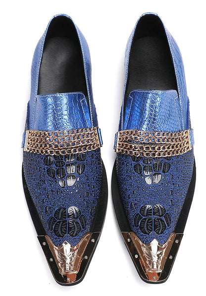 Mens Gold Chain Sparkling Party Disco Metallic Tip Western Loafers