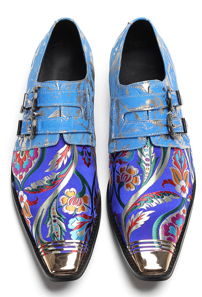 Mens Metal Toe Cap Floral Embroidered Monk Strap Buckle Western Loafers