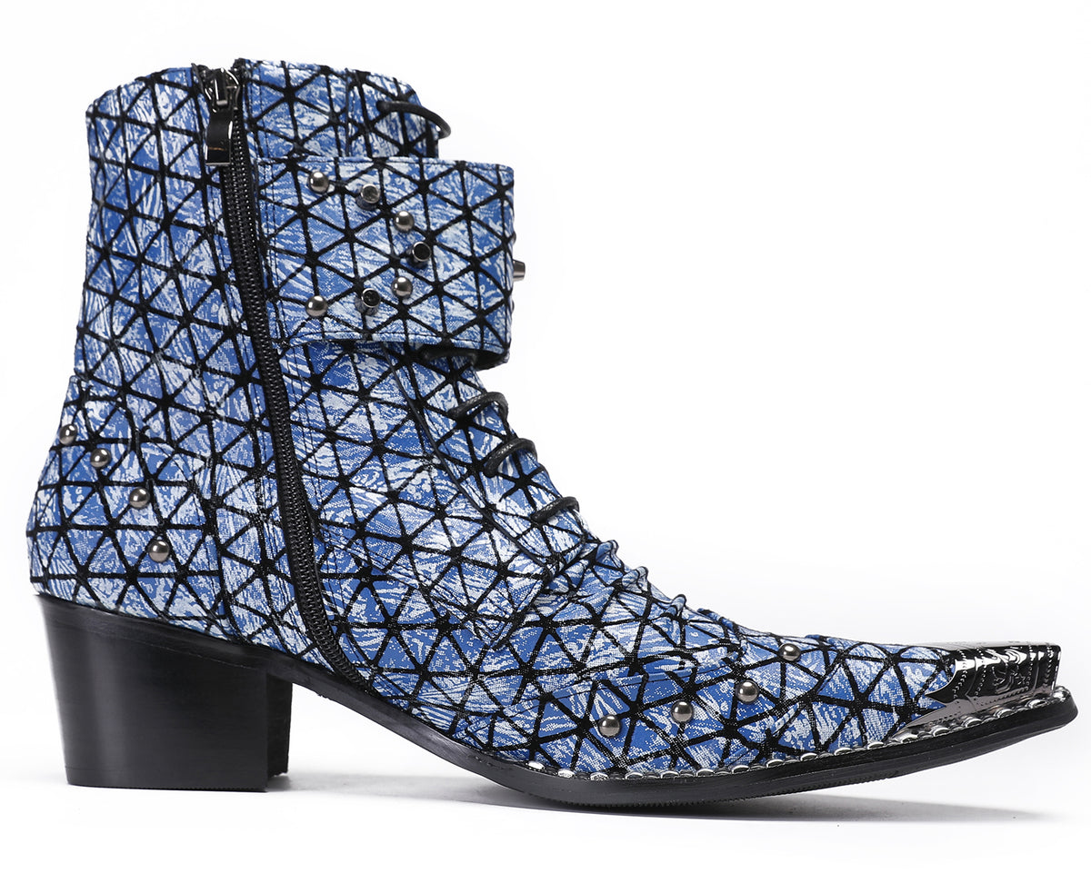 Mens Genuine Leather Blue Plaid Design Party Cowboy Western Boots