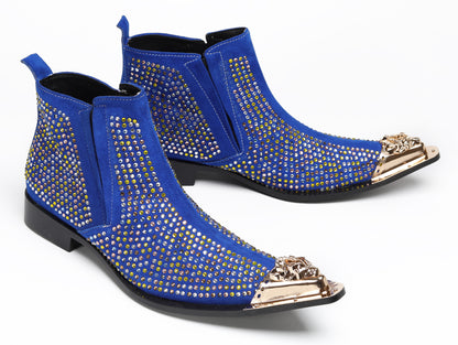 Mens Rhinestone Sparkling Suede Crystal Studded Western Chelsea Boots