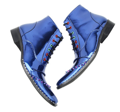 Mens Glossy Patent Leather Studded Zipper Ankle Western Oxfords Boots