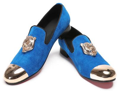 Mens Slip On Suede Metal Cap Toe Tiger Head Party Western Loafers