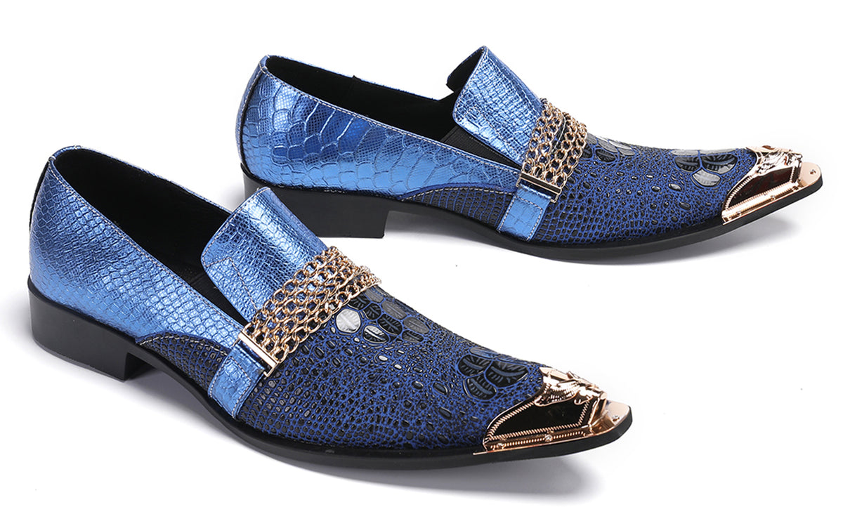 Mens Gold Chain Sparkling Party Disco Metallic Tip Western Loafers