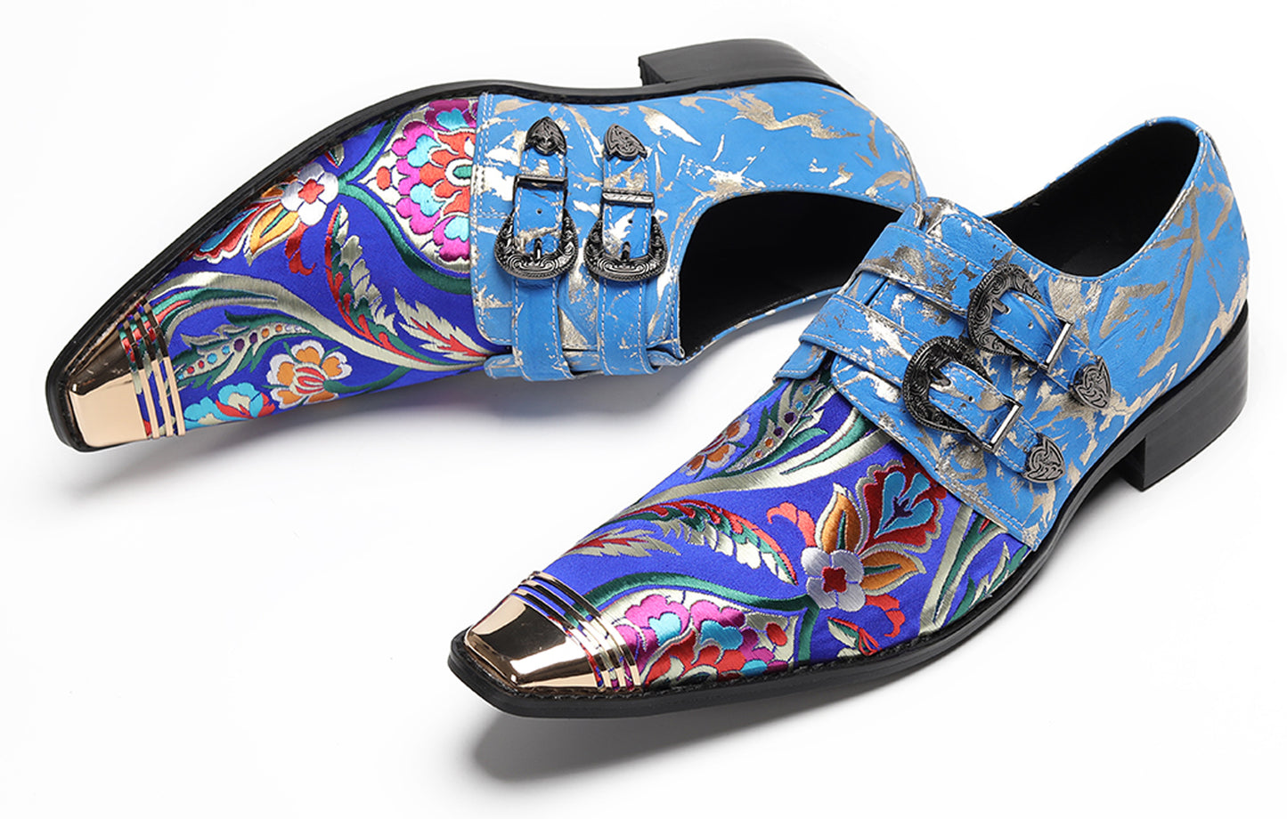 Mens Metal Toe Cap Floral Embroidered Monk Strap Buckle Western Loafers