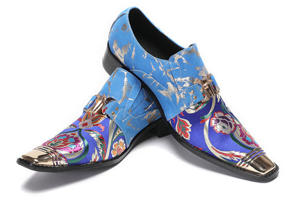 Mens Genuine Leather Slip On Buckle Floral Embroidery Western Loafers