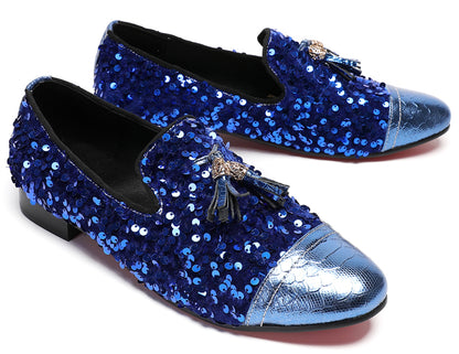 Mens Glitter Sequins Tassels Prom Party Western Loafers