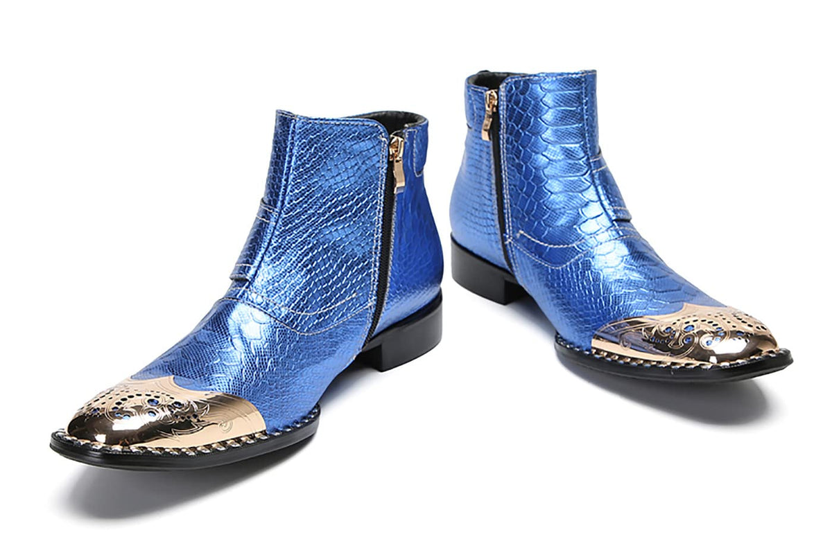 Mens Genuine Leather Metal-Square Toe Snakeskin Texture Ankle Western Boots