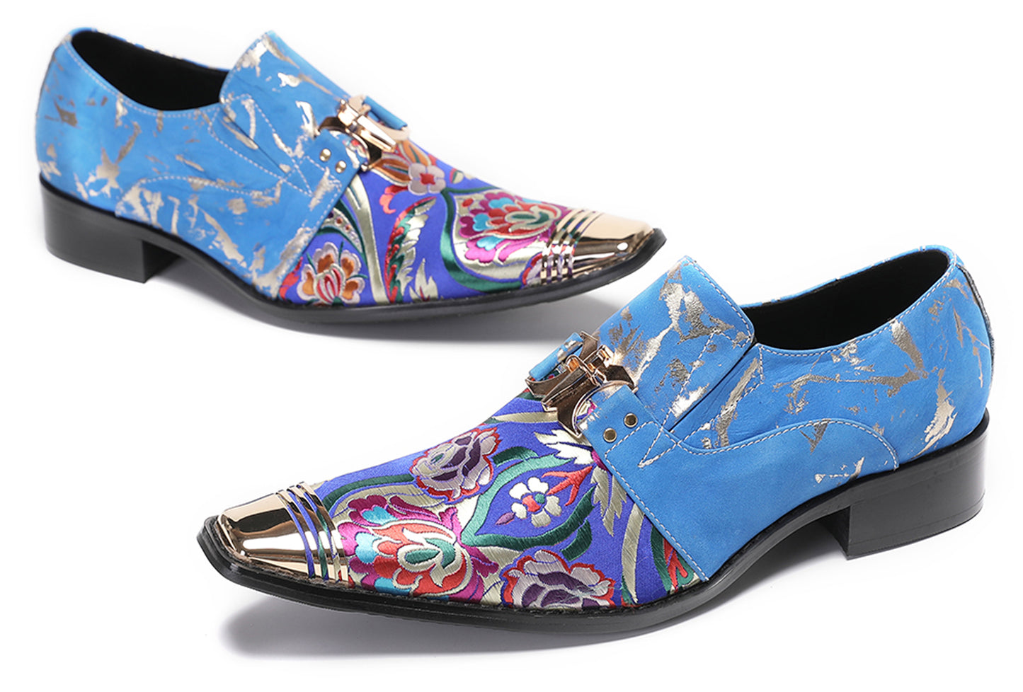 Mens Genuine Leather Slip On Buckle Floral Embroidery Western Loafers