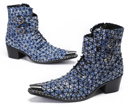 Mens Genuine Leather Metal Wingtip Toe Buckle Bead Details Cowboy Western Boots