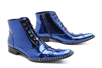 Mens Glossy Patent Leather Studded Zipper Ankle Western Oxfords Boots