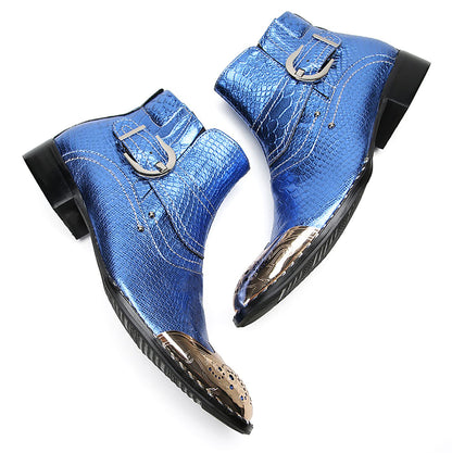 Mens Genuine Leather Metal-Square Toe Snakeskin Texture Ankle Western Boots