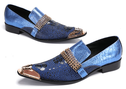 Mens Gold Chain Sparkling Party Disco Metallic Tip Western Loafers