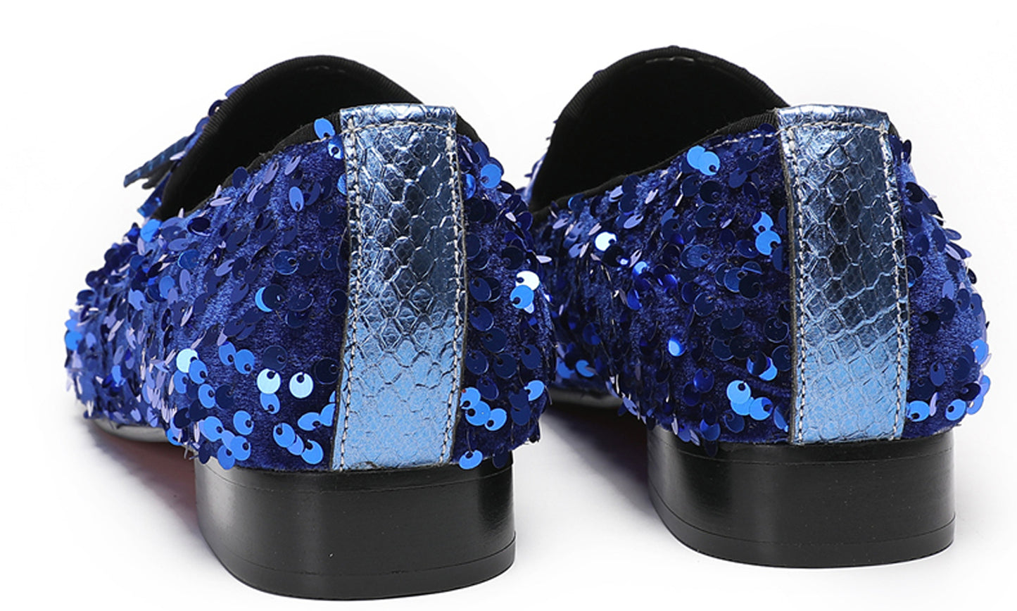 Mens Glitter Sequins Tassels Prom Party Western Loafers