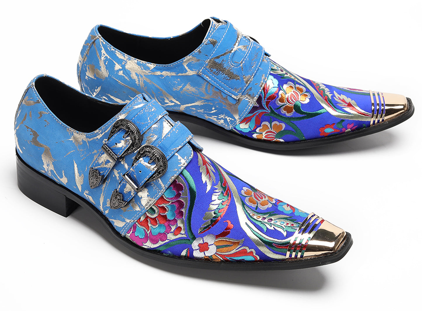 Mens Metal Toe Cap Floral Embroidered Monk Strap Buckle Western Loafers