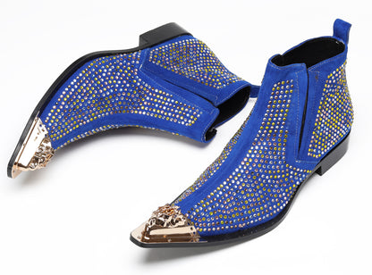 Mens Rhinestone Sparkling Suede Crystal Studded Western Chelsea Boots