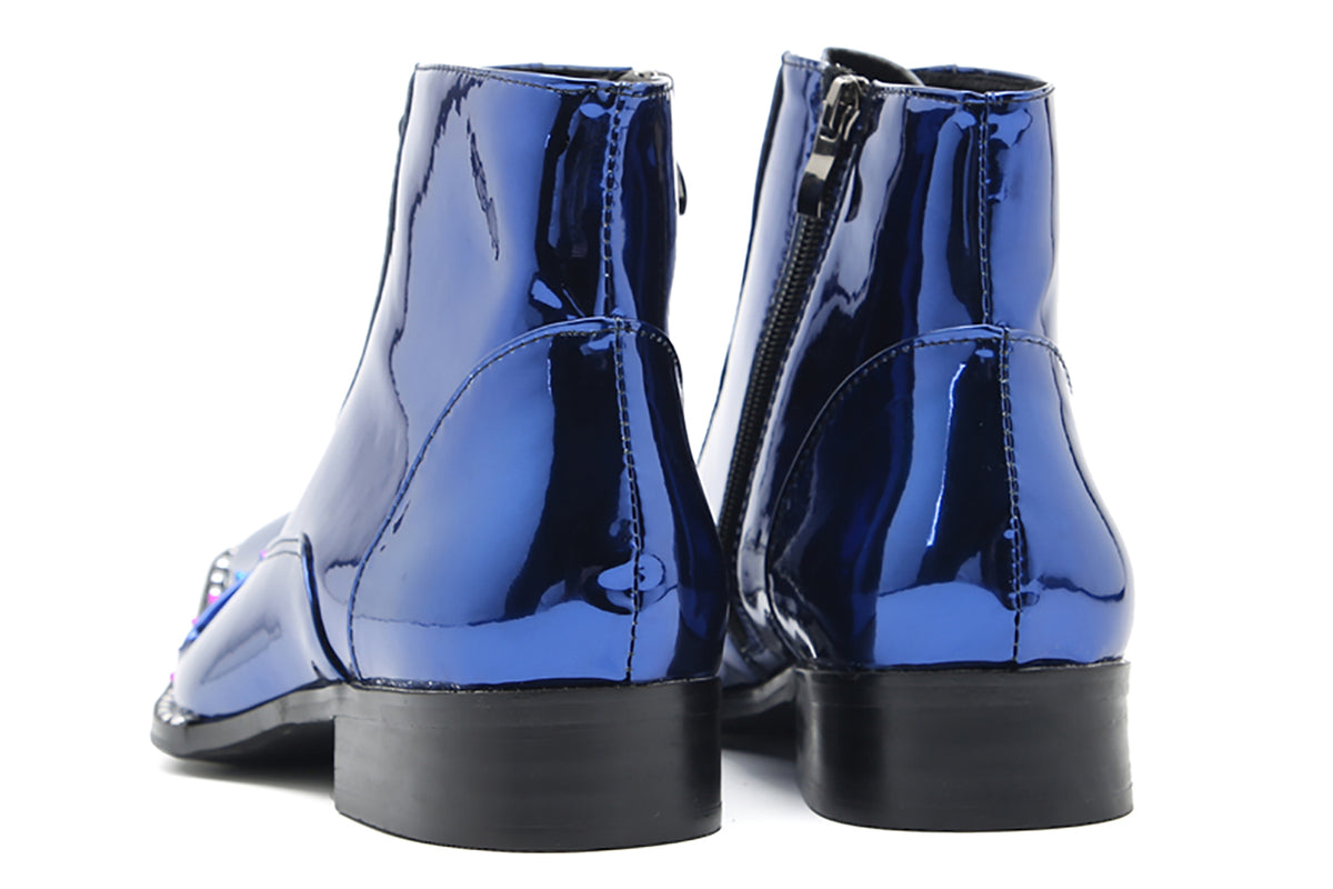 Mens Glossy Patent Leather Studded Zipper Ankle Western Oxfords Boots