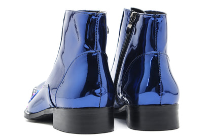 Mens Glossy Patent Leather Studded Zipper Ankle Western Oxfords Boots