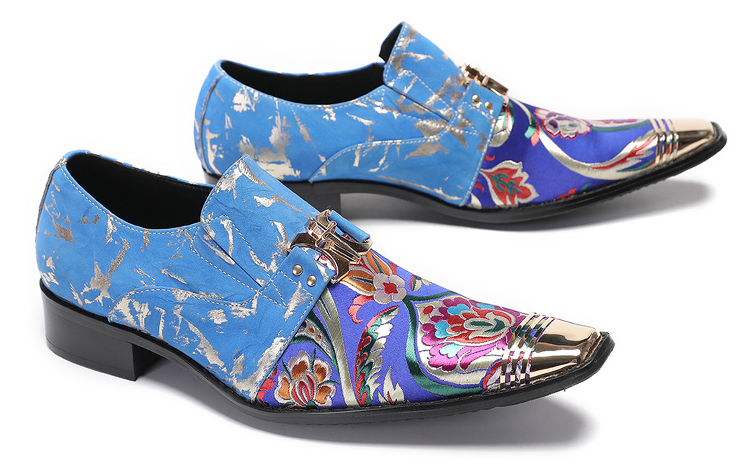 Mens Genuine Leather Slip On Buckle Floral Embroidery Western Loafers